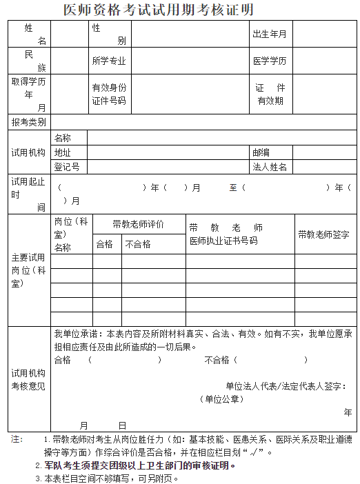 2022年醫師資格考試試用期考核證明