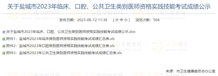 關于鹽城市2023年臨床、口腔、公共衛生類別醫師資格實踐技能考試成績公示